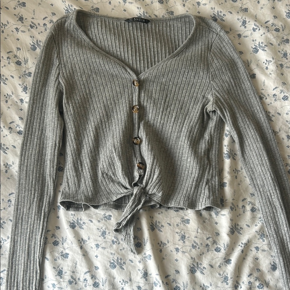 Shein Gray Ribbed Button-Up Cardigan